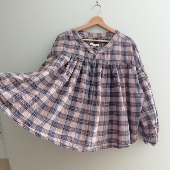 Free People We The Free Jessi Plaid Pleated Trapeze Top Balloon Sleeves Large - Picture 5 of 16